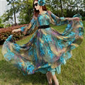 Elegant Dresses Summer Women Long Sleeved Printed Beach Long Chiffon Bohemian - Dark Blue