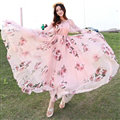 Elegant Dresses Summer Women Long Sleeved Printed Beach Long Chiffon Bohemian - Pink