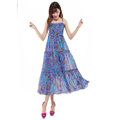 Elegant Dresses Summer Women V-Neck Printed Beach Long Chiffon Bohemian - Blue
