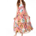 Elegant Dresses Summer Women V-Neck Printed Beach Long Chiffon Bohemian - Pink