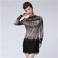 Sexy Dresses Fall Women Long Sleeve Stitching Lace Leopard Print - Pink Black