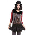 Sexy Dresses Spring Women Long Sleeve Fur Leather Leopard Print - Red Black