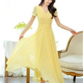 Sweet Dresses Summer Female Skirts Lantern Sleeve Long Chiffon Solid - Yellow