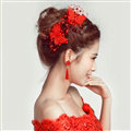 2pcs Pearl Beaded Lace Butterfly Bride Hair Barrettes Clip Women Wedding Accessories - Red