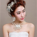Beads Flower Pearl Crystals Bridal Tiaras Necklace Earring Queen Wedding Jewelry Sets 3pcs - White