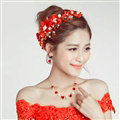 Beads Rhinestone Flower Pearl Bridal Hairbands Necklace Earring Women Weeding Jewelry Sets - Red