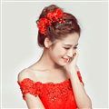 Crystal Beaded Lace Flower Bride Headbands Women Wedding Hair Accessories - Red