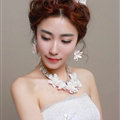 Crystals Beads Yarn Flower Bridal Tiaras Necklace Earring Women Wedding Jewelry Sets 3pcs - Pink