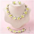 Elegant Rhinestone Pearls Flower Bridal Jewelry Necklace Earring Bracelet Women Wedding Sets 3pcs - Green