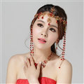 Exaggerated Rhinestone Tassel Bohemia Bridal Frontlet Stage Headband Hair Accessories - Red