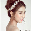 Gold Leaf Rhinestone Flower Bridal Headbands Earrings Women Princess Style Jewelry Sets - White