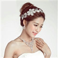 Luxury Alloy Rhinestone Lace Flower Bridal Headbands Necklace Earrings Women Wedding Jewelry Sets - Silver