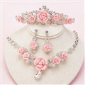 Newest Rhinestone Porcelain Flower Bridal Jewelry Tiaras Necklace Earring Women Wedding 3pcs Sets - Pink