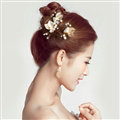 Pearl Beaded Alloy Leaves Bride U-shaped Hairpins Women Wedding Hair Clip - Gold