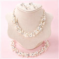 Pearls Crystals Ceramic Floral Bridal Jewelry Soft Tiaras Necklace Earring Women Wedding Sets 3pcs - White