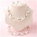 Pearls Crystals Ceramic Flower Bridal Jewelry Soft Tiaras Necklace Earring Women Wedding Sets 3pcs - White