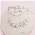 Pearls Crystals Ceramic Flower Bridal Jewelry Tiaras Necklace Earring Women Wedding Sets 3pcs - White