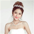 Pearls Flower Rhinestone Bridal Jewelry Tiaras Necklace Earring Women Pageant Sets 3pcs - White