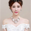 Rhinestone Ceramic Yarn Flower Bridal Tiaras Necklace Earring Women Wedding Jewelry Sets 3pcs - Beige