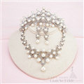 Rhinestone Pearls Hollow Flower Bridal Jewelry Tiaras Necklace Earring Women Wedding Sets 3pcs - White