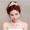 Rhinestone Yarn Flower Bridal Tiaras Necklace Earring Women Wedding Jewelry Sets 3pcs - Pink