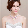 Romantic Rhinestone Yarn Flower Bridal Tiaras Necklace Earring Women Wedding Jewelry Sets 3pcs - Pink