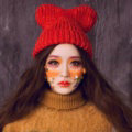 Cute Girls Bear Ears Flanging Knitted Wool Hats Winter Warm Thicken Beanies Caps - Red