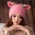 Cute Girls Cat Ears Antlers Knitted Wool Hats Winter Warm Rabbit Fur Beanies Caps - Pink