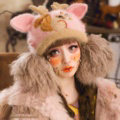 Embroidered Antlers Cat Ears Knitted Wool Beanies Caps Warm Rabbit Fur Ball Hats - Pink