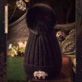 Fashion Women Diamond Elephant Knitted Wool Hats Winter Fox Fur Pom Poms Caps - Black