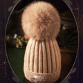 Fashion Women Diamond Elephant Knitted Wool Hats Winter Fox Fur Pom Poms Caps - Pink Camel