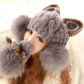 Luxury Big Fur Ball Cat Ears Knitted Wool Beanies Caps Winter Warm Devil Horns Hats - Gray