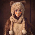 Luxury Cat Ears Knitted Wool Caps Hats Women Long Rabbit Fur Ball Hooded Scarf - Camel