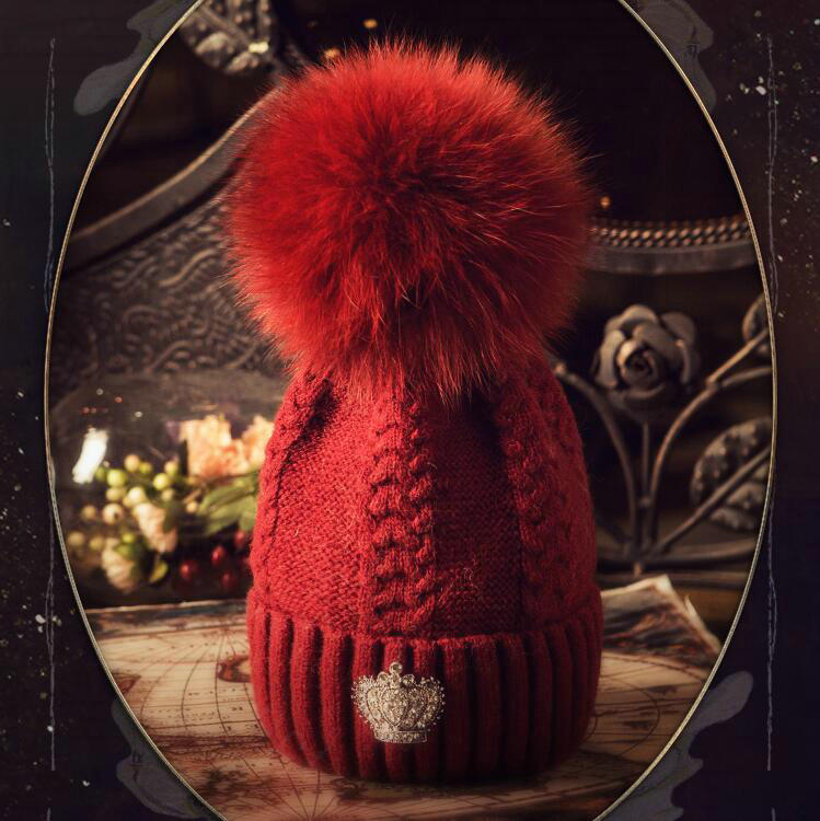 Buy Wholesale Luxury Women Diamond Crown Knitted Wool Hats Winter Large Fox Fur Pom Poms Caps Deep Red From Chinese Wholesaler I Tao Net