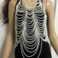 New Pearls Full Body Chain Necklace Nightclub Showgirl Halter Bra Lingerie Jewelry - White