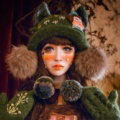 Retro Crystal Bow Girl Knitted Wool Beanies Caps Winter Warm Cat Ears Fur Ball Hats - Green