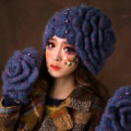 Retro Elegant Beret Knitted Wool Hats Girls Winter Warm Lily Flower Pearl Caps - Blue