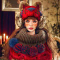 Retro Embroidered Knitted Wool Beanies Caps Warm Cat Ears Rabbit Fur Protectors Hats - Red