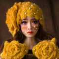 Retro Knitted Wool Hats Girls Winter Warm Sweet Rabbit Fur Flower Pearl Beret Caps - Yellow