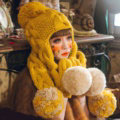 Retro Twist Knitted Wool Caps Hats Women Winter Long Fur Ball Bib Hooded Scarf - Yellow