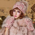 Sweet Girl Lace Flower Rabbit Fur Ball Knitted Wool Beanies Caps Winter Warm Hats - Pink