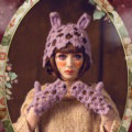Sweet Girls Pearls Flower Knitted Wool Hats Hollow Design Rabbit Ears Beanies Caps - Purple
