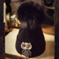 Unique Women Crystal Owls Knitted Wool Hats Winter Warm Fox Fur Pom Poms Caps - Black
