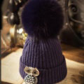 Unique Women Crystal Owls Knitted Wool Hats Winter Warm Fox Fur Pom Poms Caps - Blue