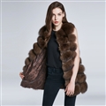 Luxury Winter Super Real Fox Fur Vest Women Overcoat - Coffee